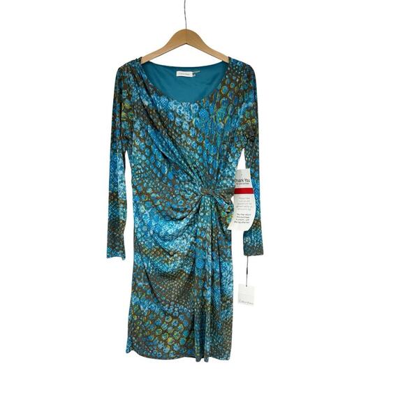 Calvin Klein Modest Long Sleeve Ruched Snake Print Turquoise Career Dress 12 New - Picture 1 of 6